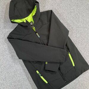 Champion Youth Large Black Softshell Jacket Neon Green Hood Zip Coat Windbreak
